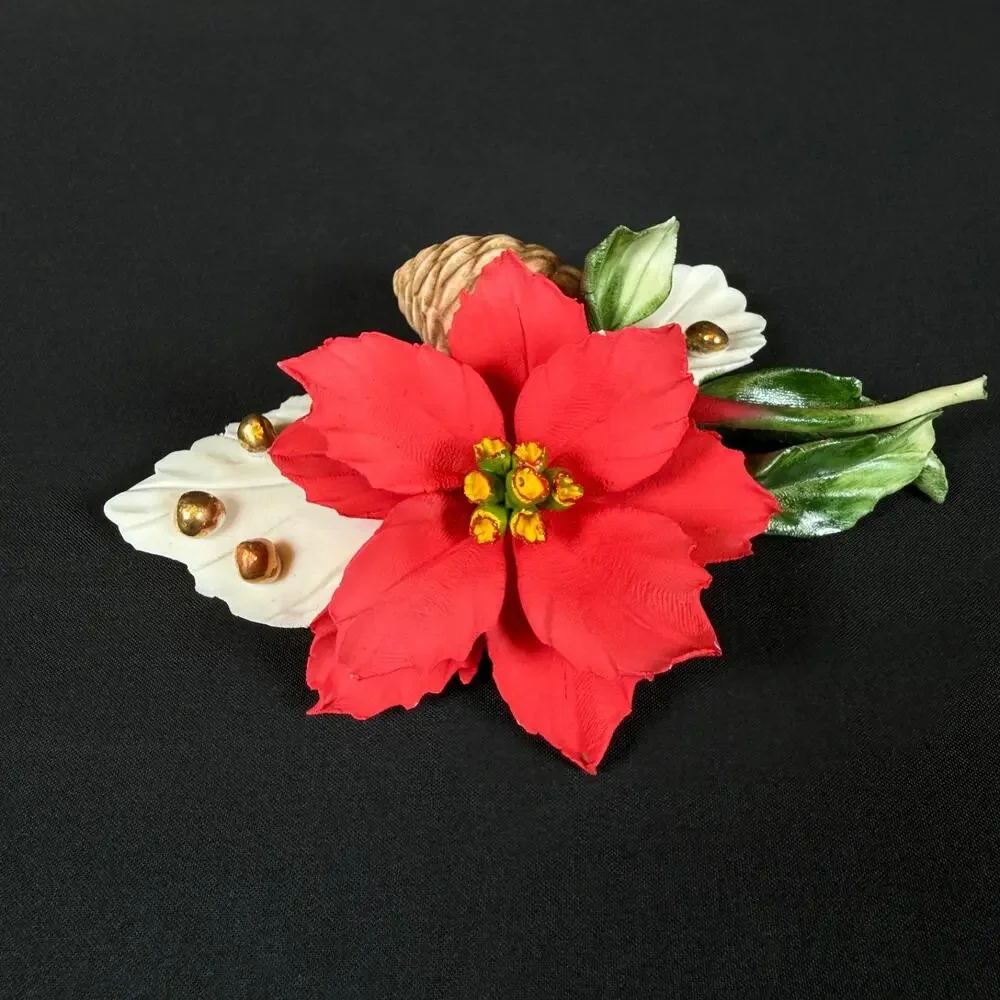 Capodimonte Porcelain Flower Red Poinsettia Pine Cone White and Green Leaves
